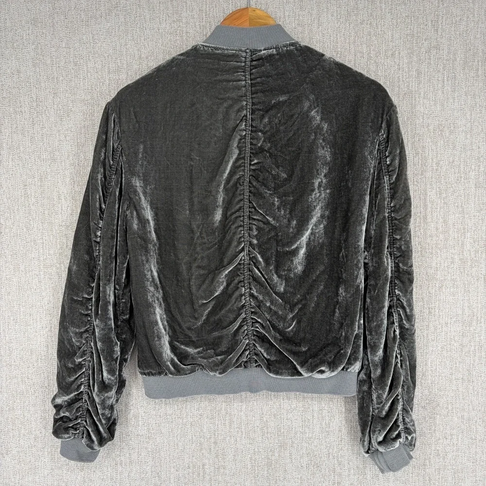 Free People Jacket Womens XS Green Ruched Velvet Bomber Full Zip Velour Varsity - Picture 2 of 13